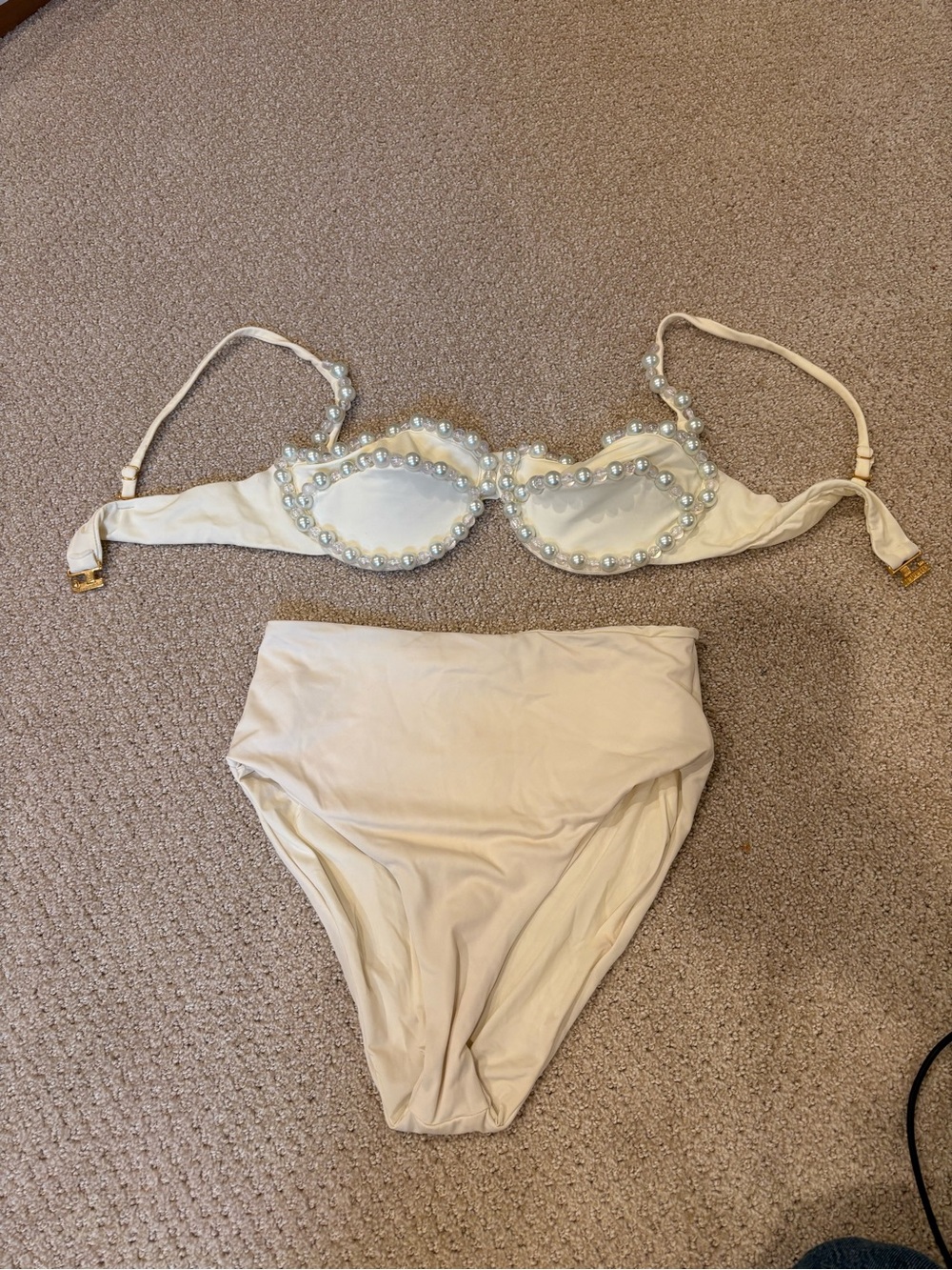 Anthropologie Pearl-Embellished Cream Bikini Set